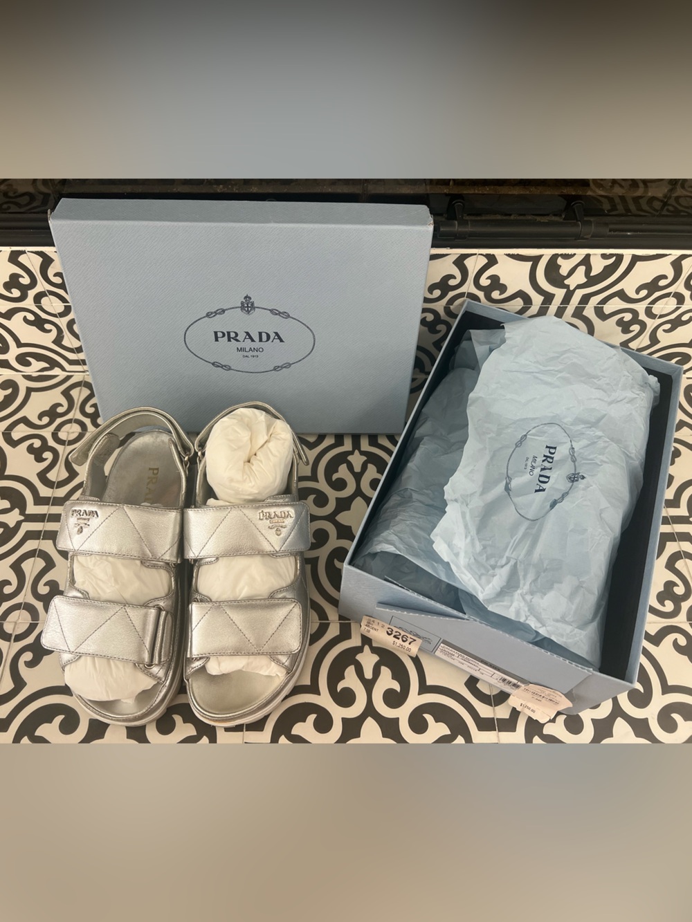 Prada Silver Leather Velcro Dad Sandals